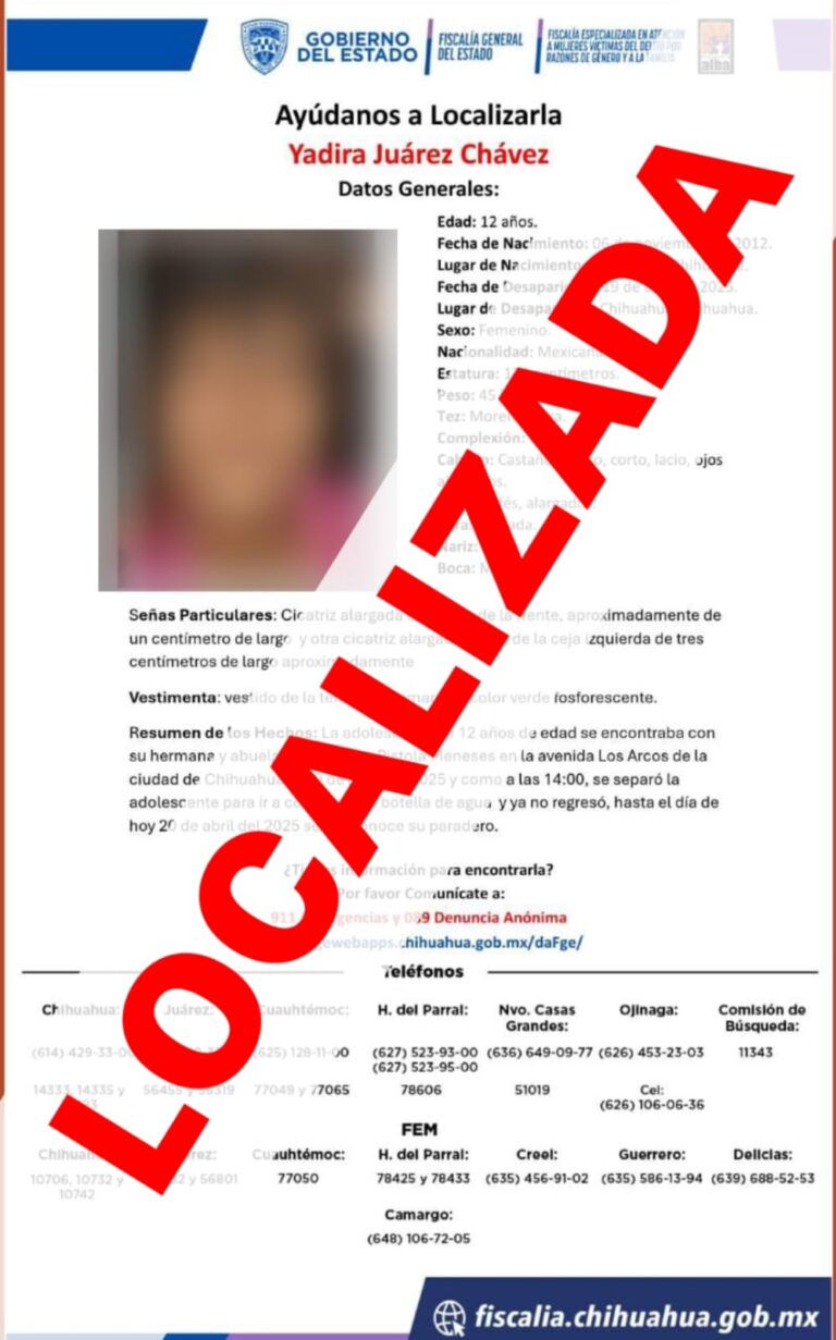 Localiza FEM a adolescente con reporte de ausencia en Chihuahua Localiza FEM a adolescente con reporte de ausencia en Chihuahua