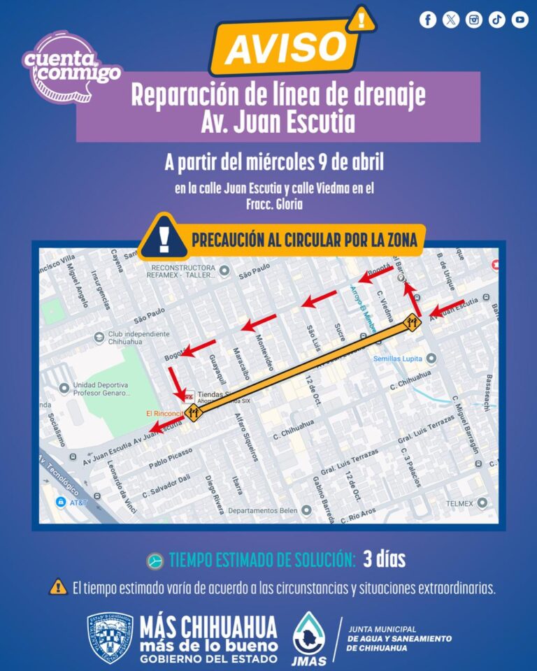 Repara JMAS Chihuahua línea de drenaje en avenida Juan Escutia Repara JMAS Chihuahua línea de drenaje en avenida Juan Escutia