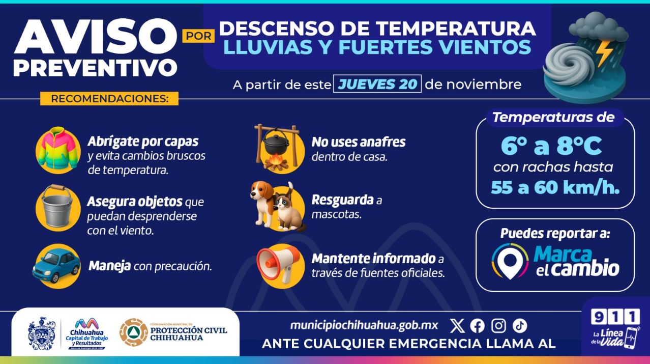 Alerta por posible descenso en temperaturas y vientos fuertes: Protección Civil Municipal